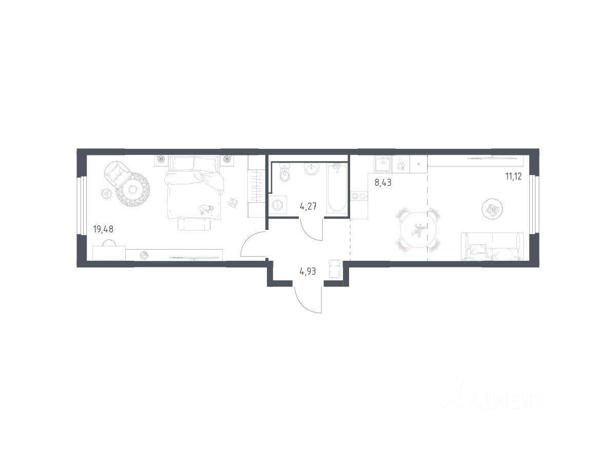 1-комн. квартира, 48,23 м², в ЖК «Пригород Лесное»