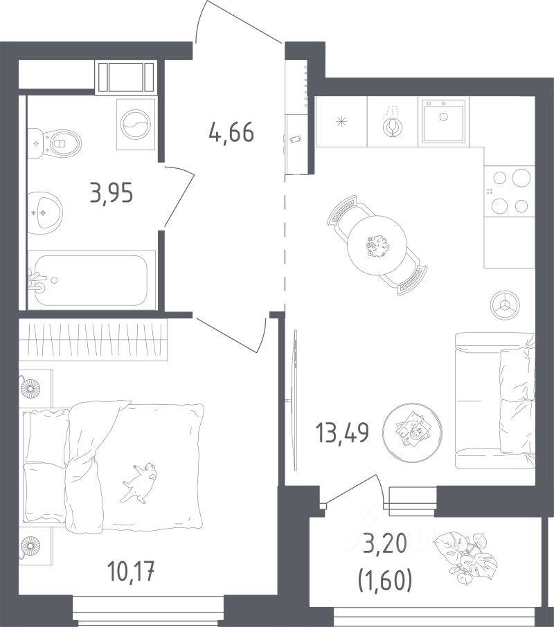 1-комн. квартира, 33,87 м², в ЖК Южная Нева