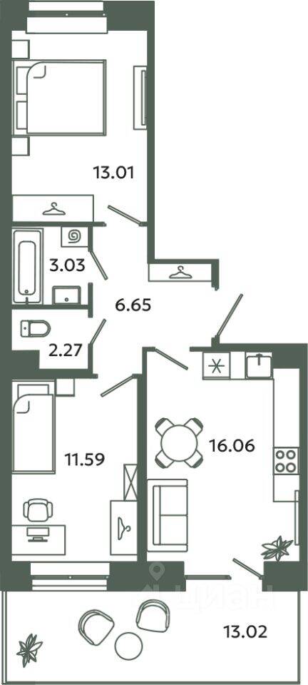 2-комн. квартира, 52,61 м², в ЖК Загляденье