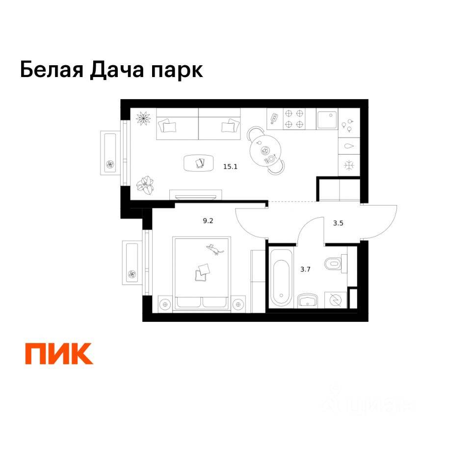 1-комн. квартира, 31,5 м², в ЖК «Белая Дача парк»