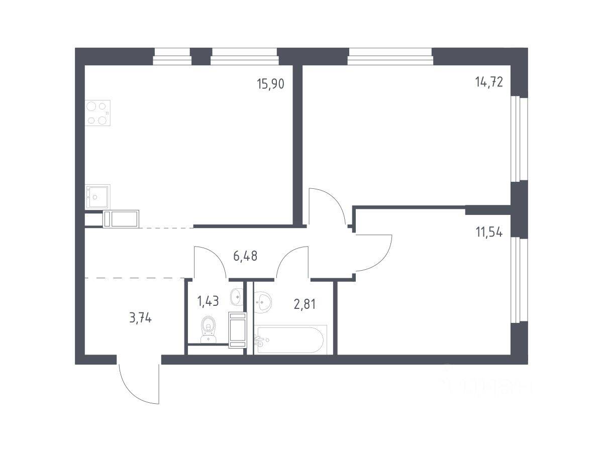 2-комн. квартира, 56,62 м², в ЖК Квартал Торики