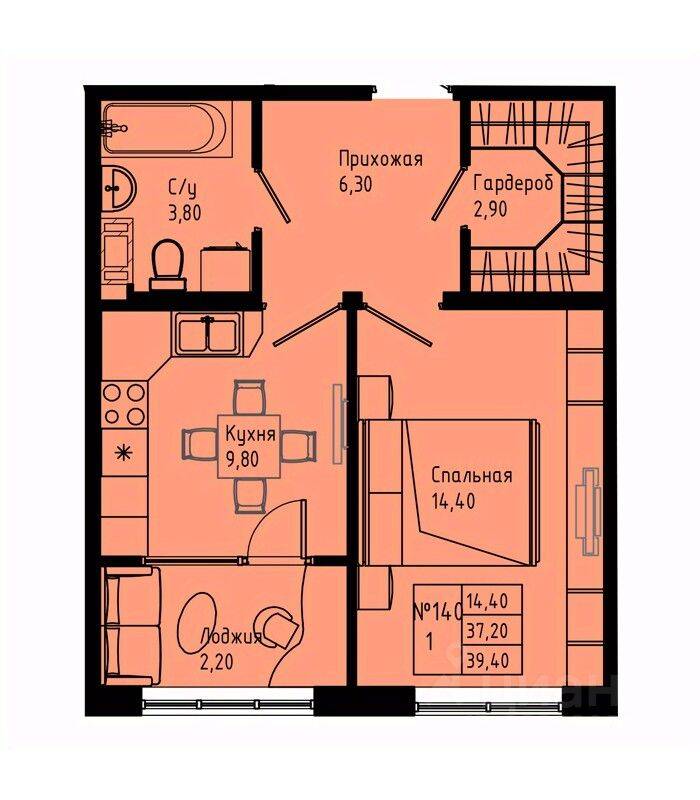 1-комн. квартира, 39,4 м², в ЖК Pixel