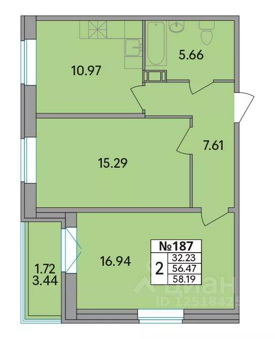 2-комн. квартира, 58,19 м², в ЖК Рождественский квартал
