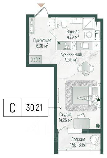 Квартира-студия, 31,79 м², в ЖК Riga Hills