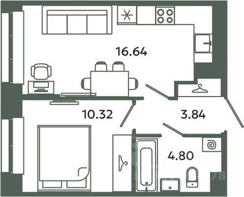 1-комн. квартира, 35,6 м², в ЖК Загляденье