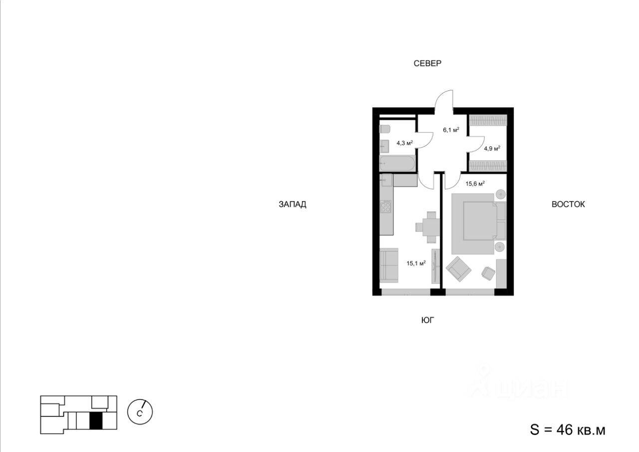 1-комн. квартира, 46 м², в ЖК Мытищи-Сити