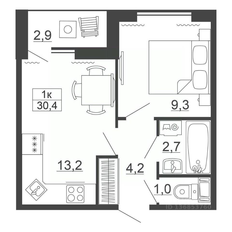 1-комн. квартира, 30,4 м², в ЖК Рубеж