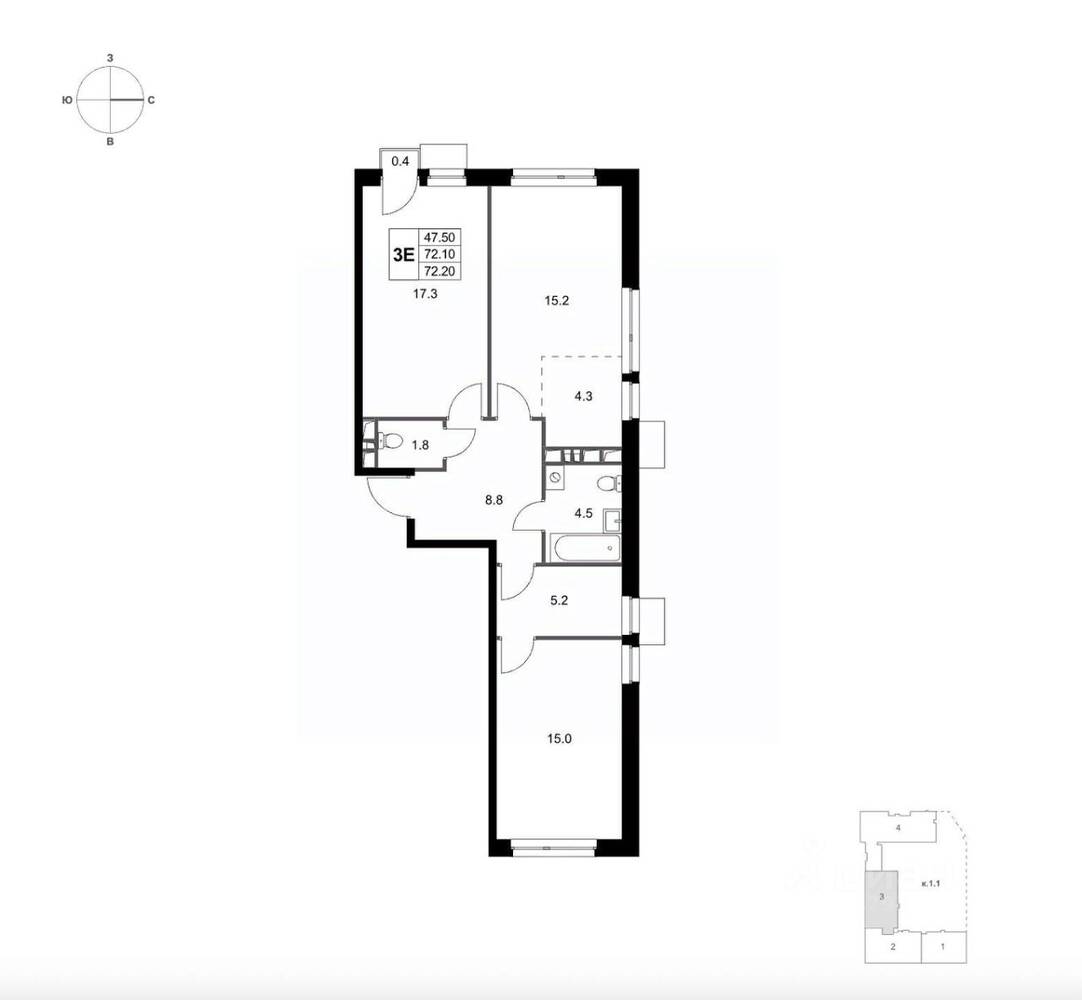 3-комн. квартира, 72,2 м², в ЖК Легенда Марусино
