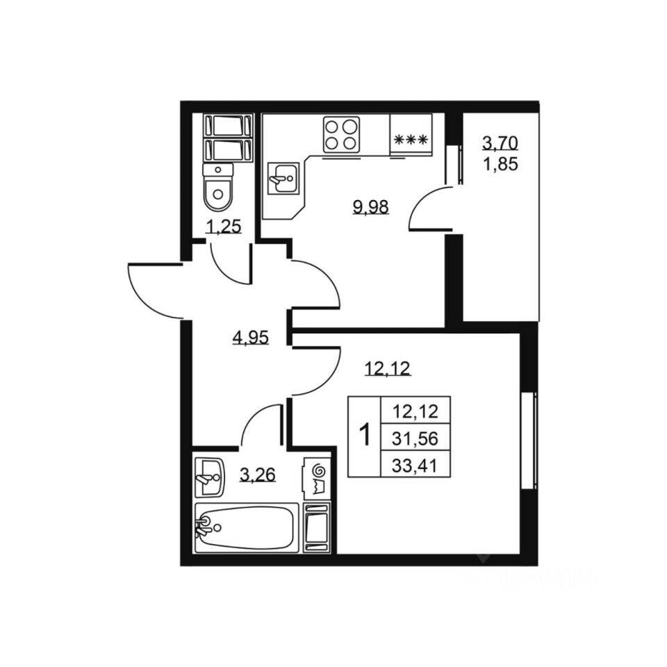 1-комн. квартира, 33,41 м², в ЖК «Высота» (Бугры)