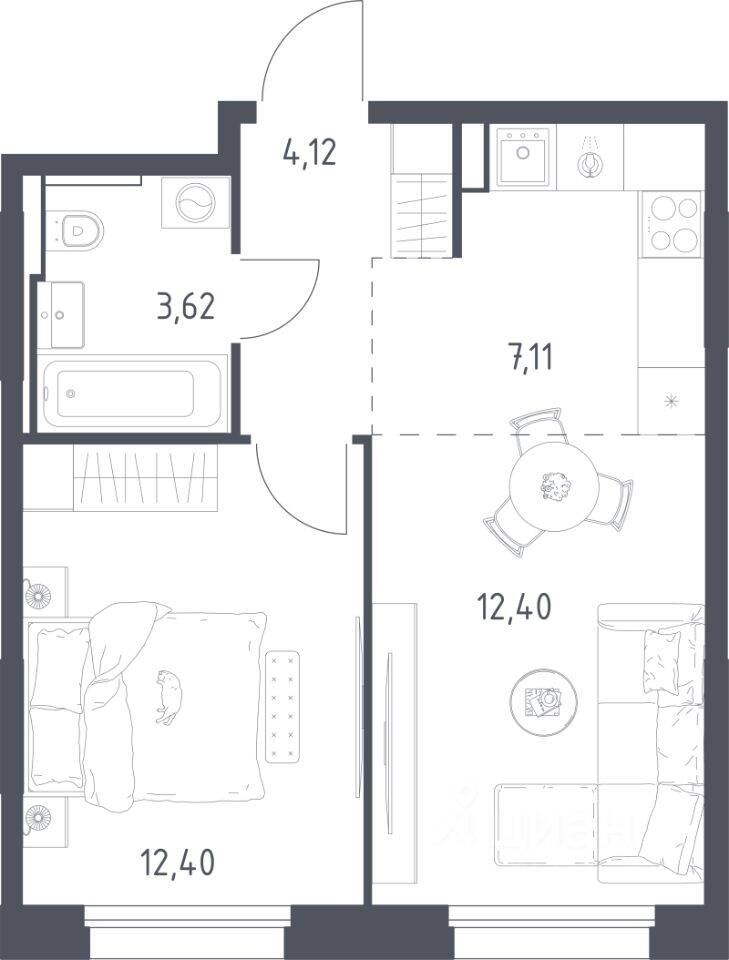 1-комн. квартира, 39,65 м², в ЖК Заречье Парк