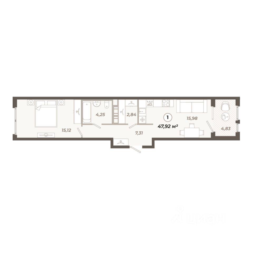 1-комн. квартира, 47,92 м², в ЖК «Знатный»