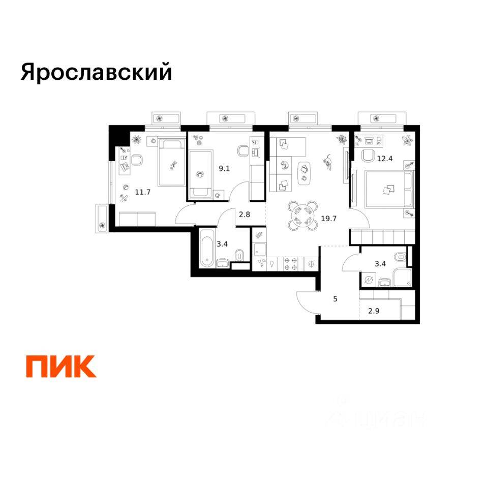 3-комн. квартира, 70,4 м², в ЖК «Ярославский»