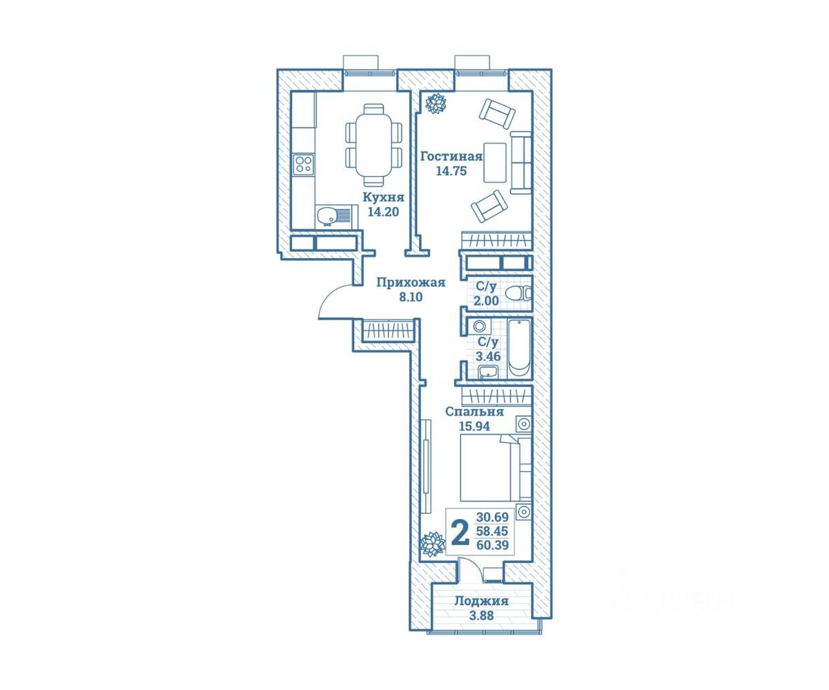 2-комн. квартира, 60,39 м², в ЖК Новоград Монино