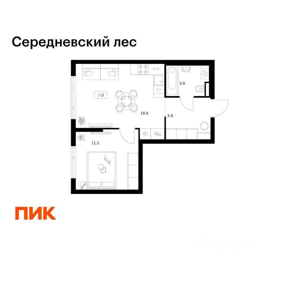 1-комн. квартира, 39,8 м², в ЖК Середневский лес