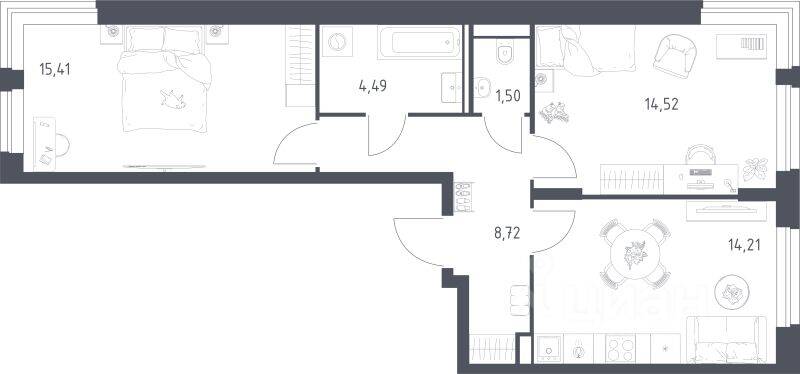 2-комн. квартира, 58,78 м², в ЖК Квартал Строгино