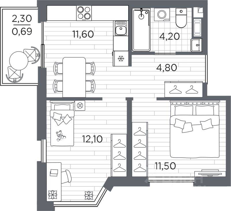 2-комн. квартира, 44,89 м², в ЖК Plus Пулковский