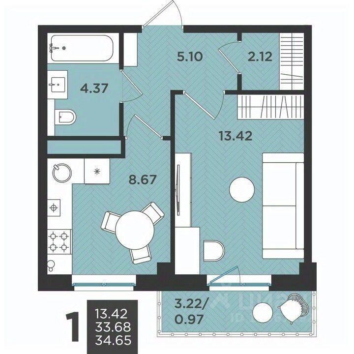 Планировка 1 комнатной квартиры, 34.65 м², в «Новокасимово»