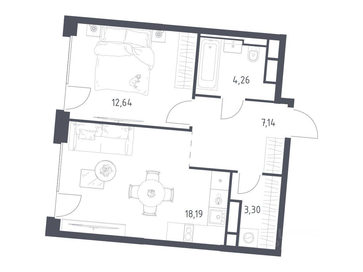 1-комн. квартира, 45,53 м², в ЖК Квартал на воде