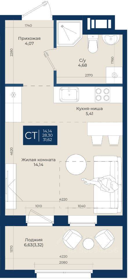 Квартира-студия, 31,62 м², в ЖК «Новатория»