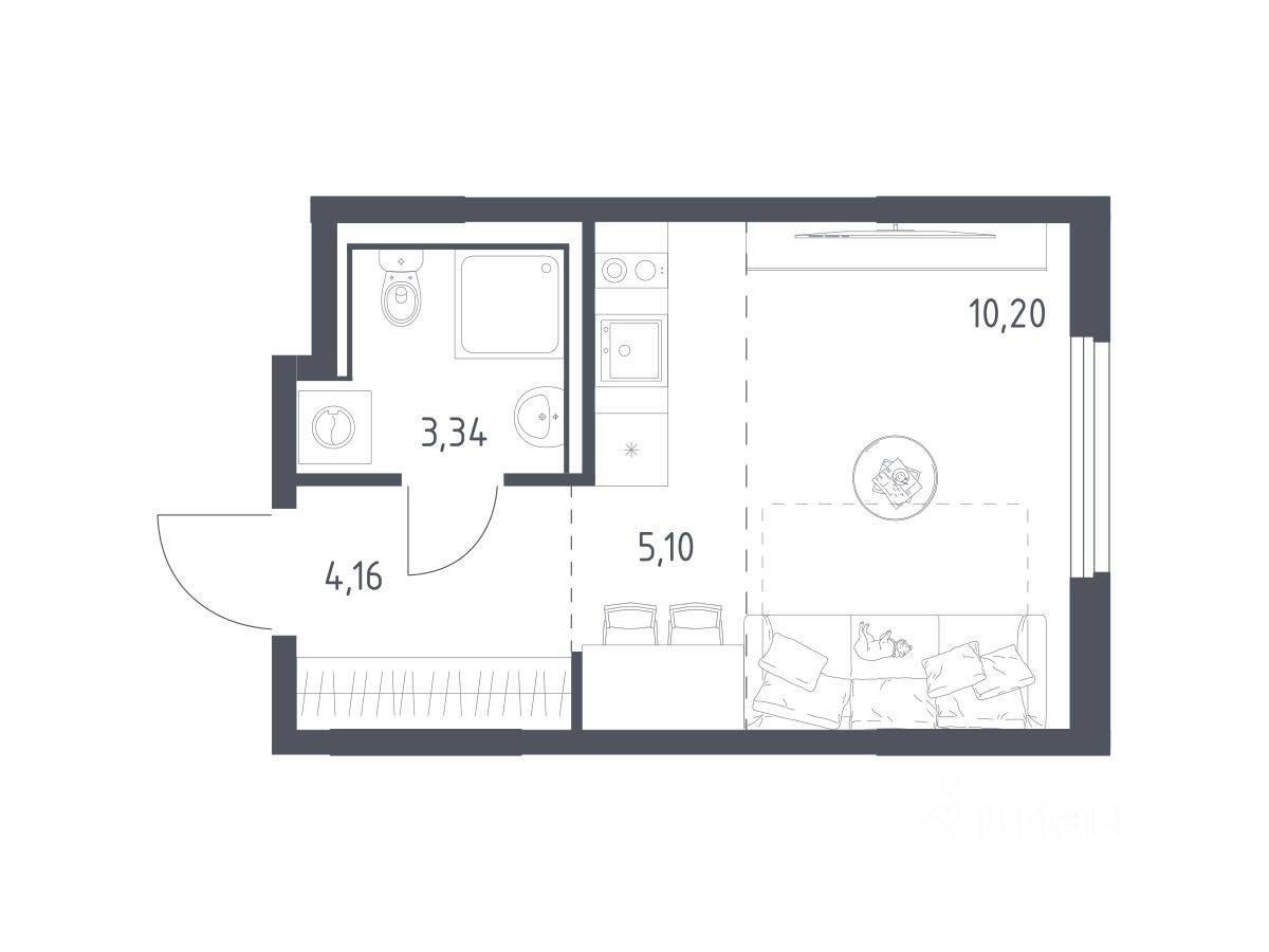 Планировка 1 комнатной квартиры, 22.8 м², в «Пригород Лесное»