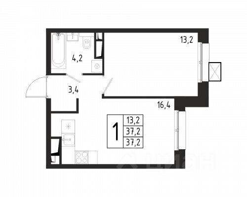 Планировка 1 комнатной квартиры, 37.2 м², в «Берег»