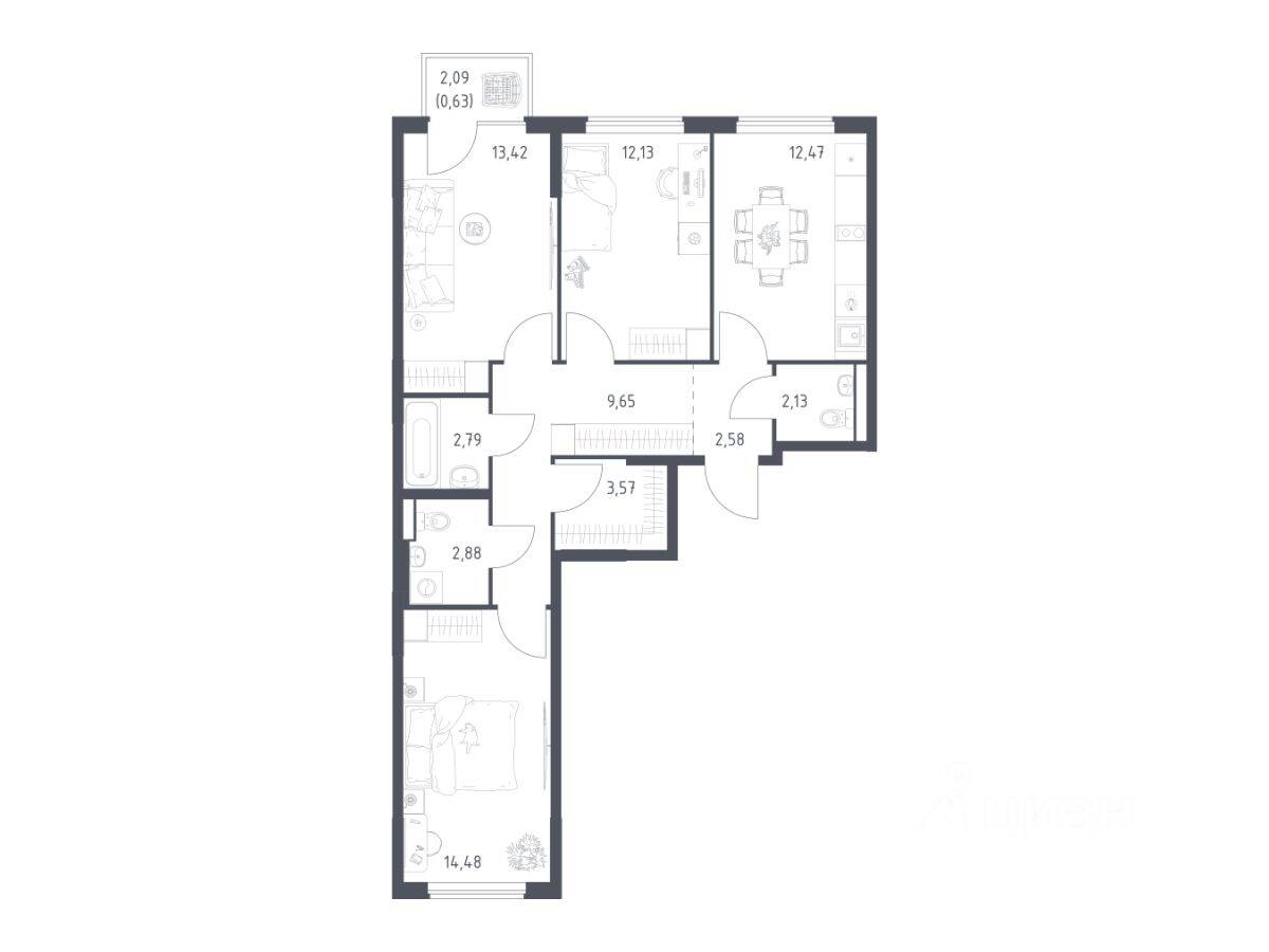 3-комн. квартира, 76,73 м², в ЖК Горки Парк