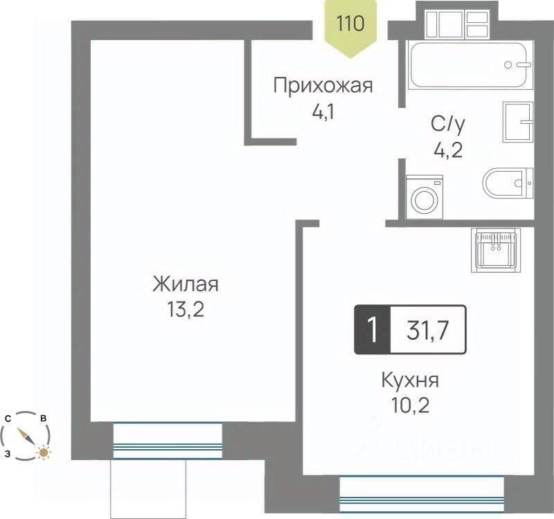 Планировка 1 комнатной квартиры, 31.7 м², в «Лесная Отрада»