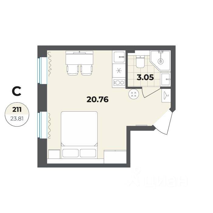 Планировка 1 комнатной квартиры, 23.81 м², в «Лиговский, 127»