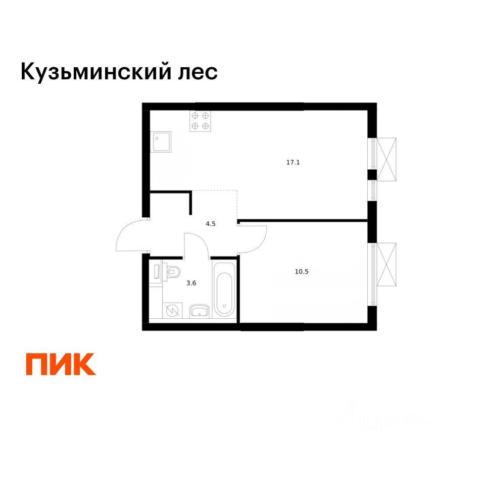 Планировка 1 комнатной квартиры, 35.7 м², в «Кузьминский лес»