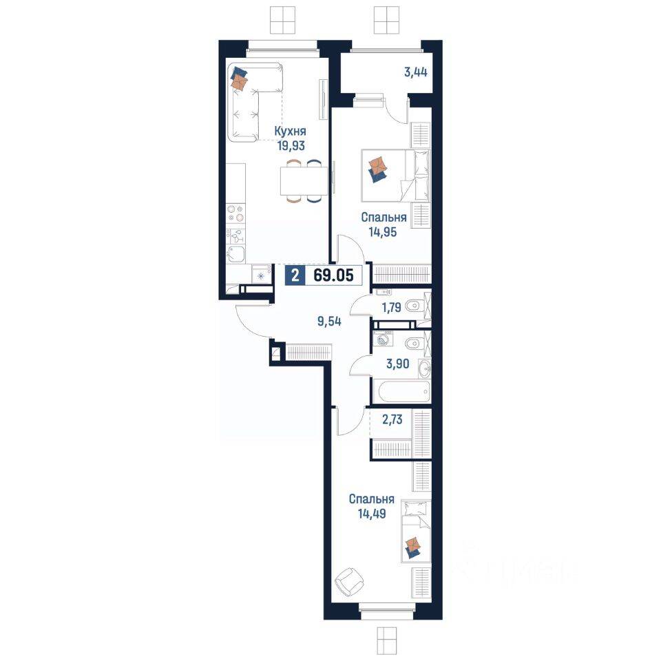 2-комн. квартира, 69,05 м², в ЖК Максималист
