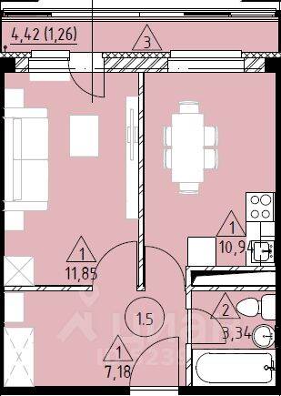 1-комн. квартира, 34,64 м², в ЖК Марусино-6
