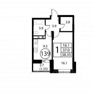 1-комн. квартира, 38,35 м², в ЖК Космос