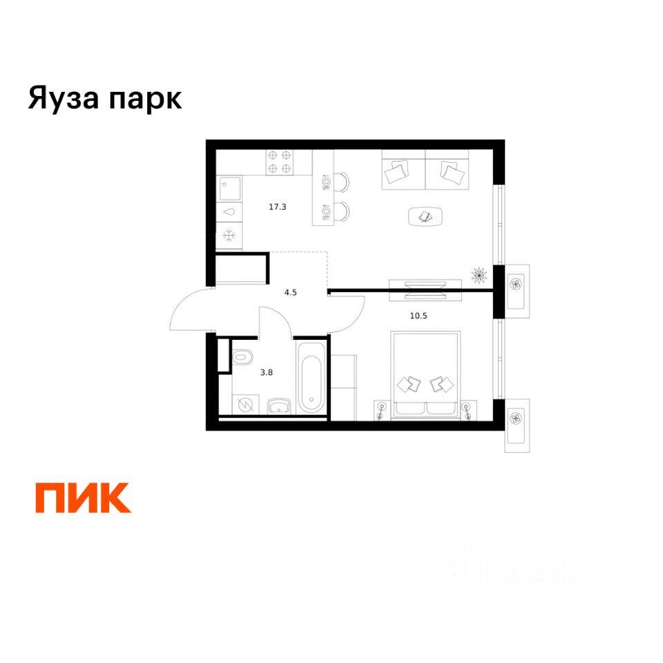 1-комн. квартира, 36,1 м², в ЖК Яуза парк (ПИК)