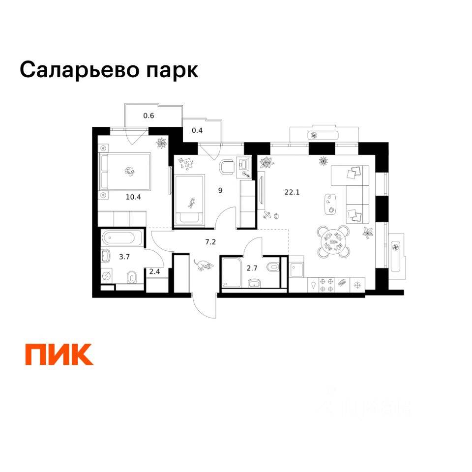 2-комн. квартира, 58,5 м², в ЖК «Саларьево парк»