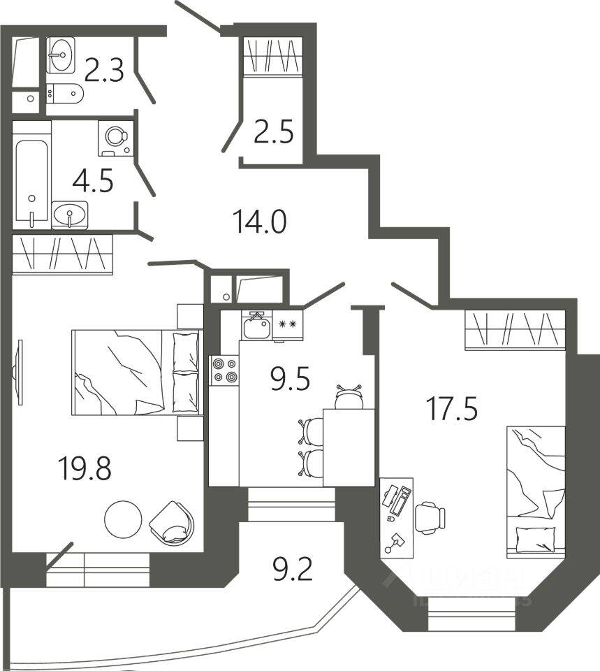 2-комн. квартира, 72,9 м², в ЖК «Советская 18»