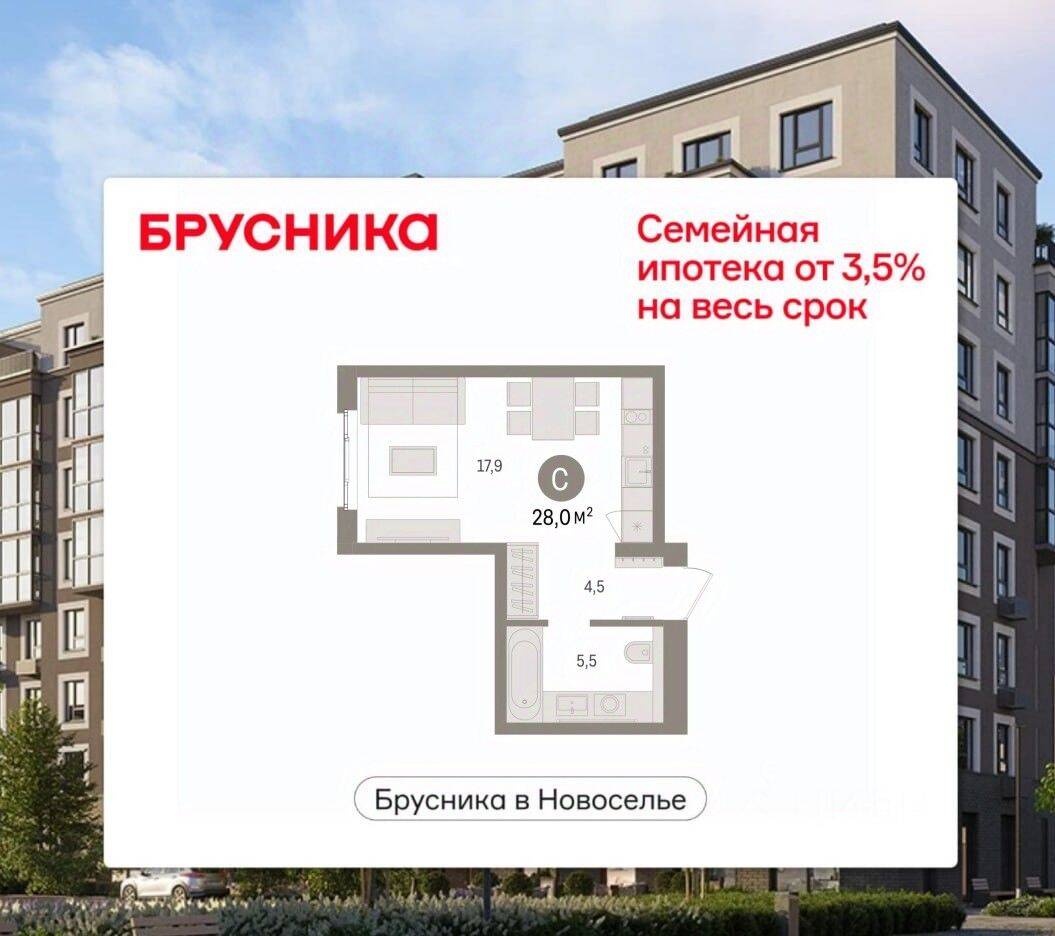 Квартира-студия, 27,95 м², в ЖК «Брусника в Новоселье»