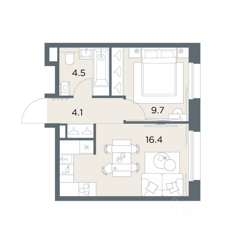 Планировка 1 комнатной квартиры, 34.7 м², в «Станиславский»