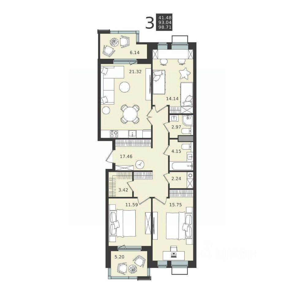 3-комн. квартира, 98,71 м², в ЖК Мишино-2