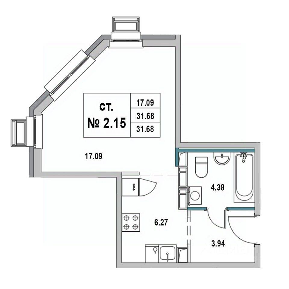 Квартира-студия, 31,68 м², в ЖК «Новый город» (Выборг)