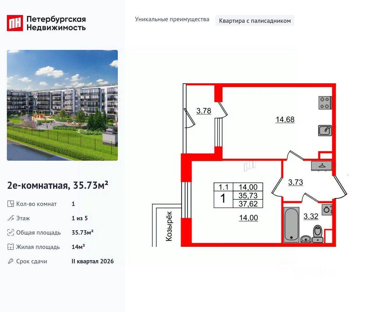 1-комн. квартира, 35,73 м², в ЖК Парадный ансамбль