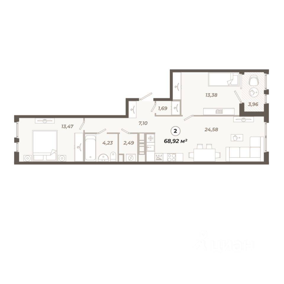 2-комн. квартира, 68,92 м², в ЖК «Знатный»