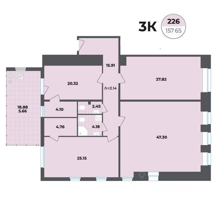 3-комн. квартира, 157,65 м², в Апарт-комплекс Лиговский, 127
