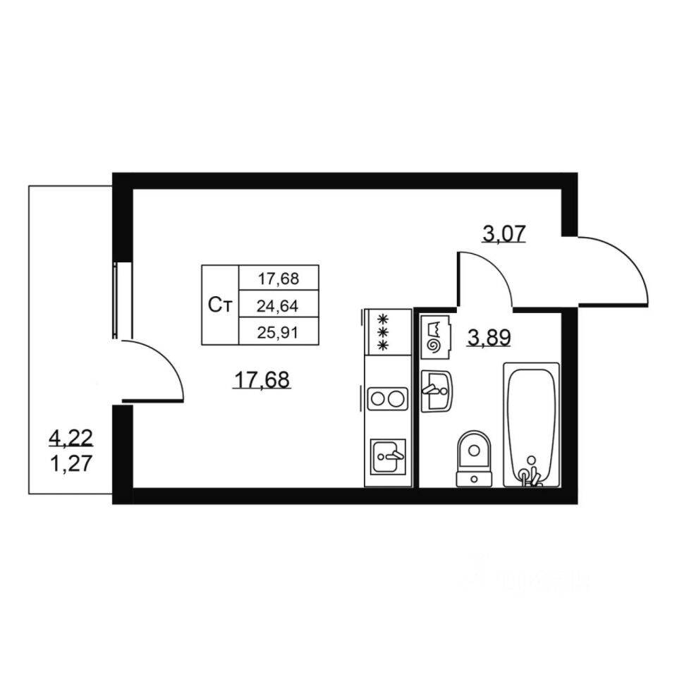 Квартира-студия, 25,91 м², в ЖК Перспектива