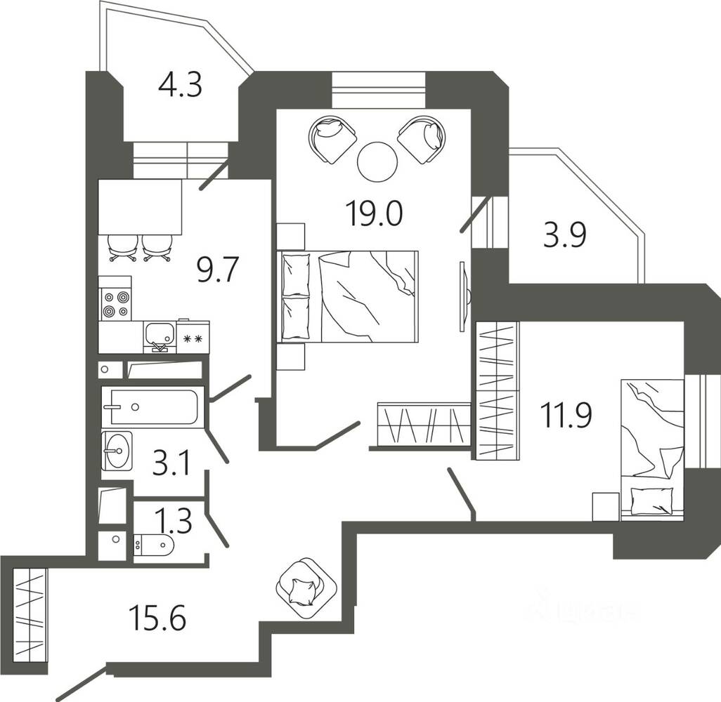 Планировка 2 комнатной квартиры, 64.7 м², в «Советская 18»