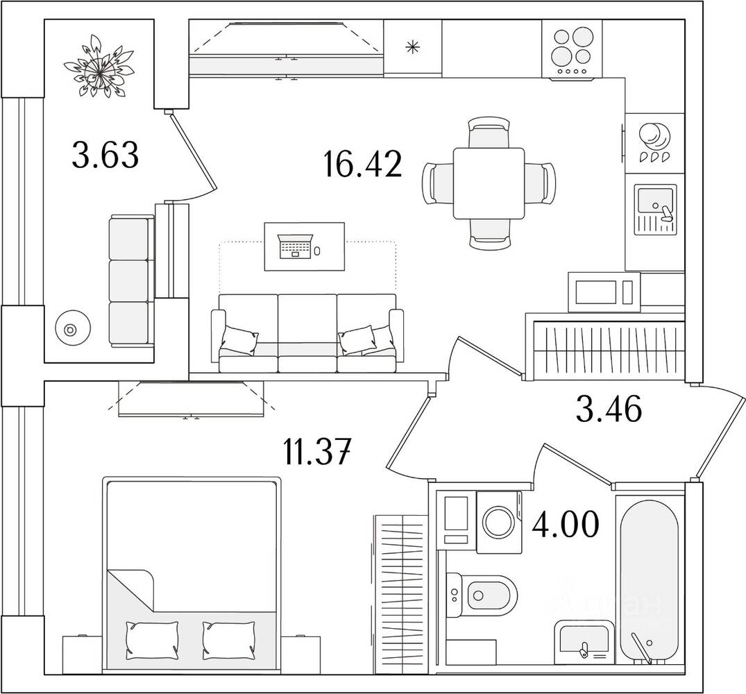 1-комн. квартира, 37,07 м², в ЖК «Аурум»