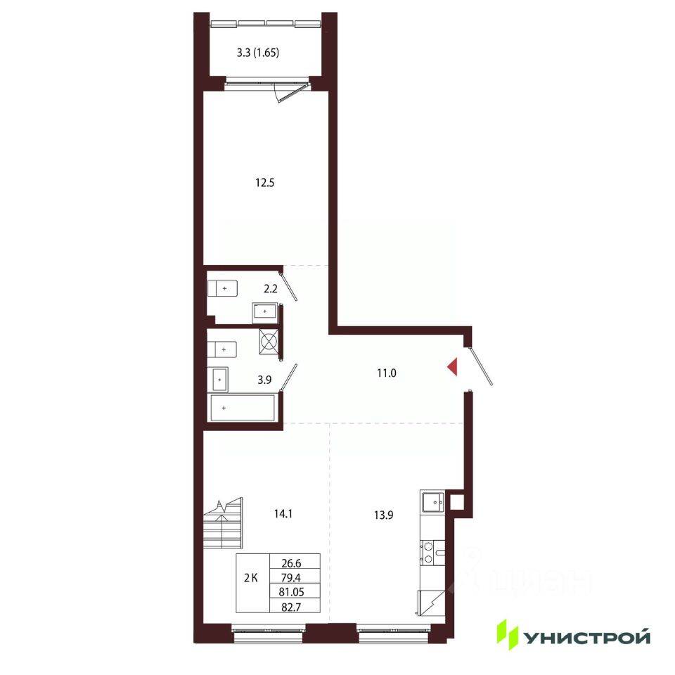 2-комн. квартира, 81,05 м², в Малоэтажный ЖК Лисино