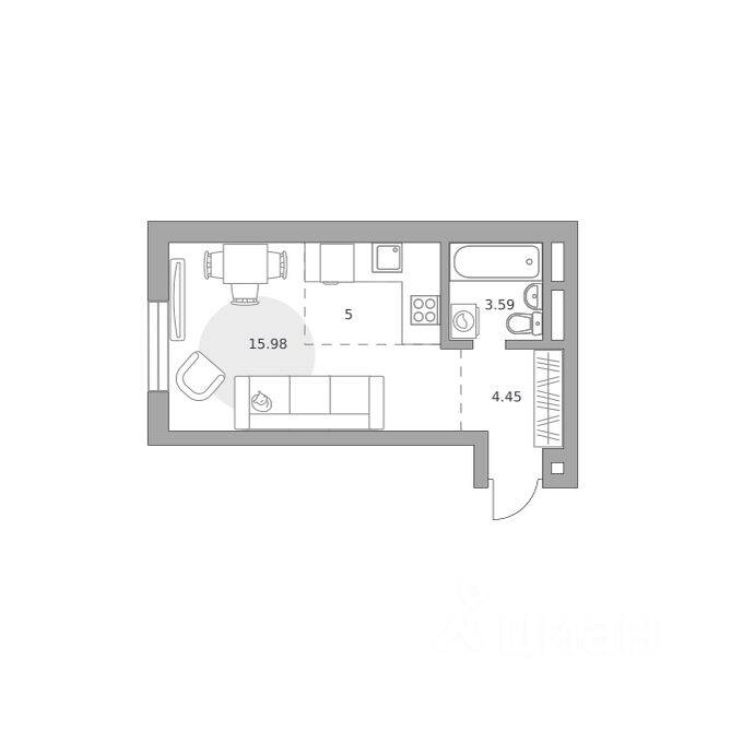 Планировка 1 комнатной квартиры, 29.02 м², в «Живописный»