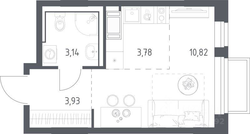 Планировка 1 комнатной квартиры, 21.67 м², в «Томилино Парк»