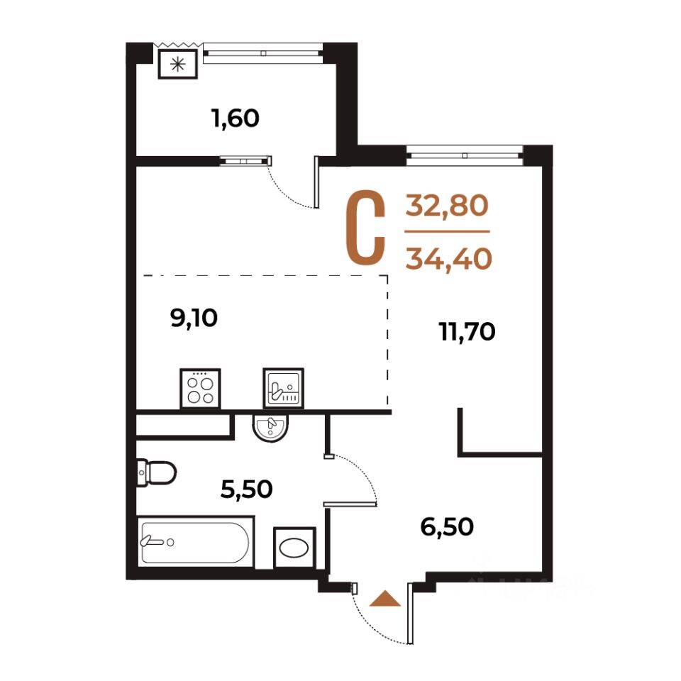 Квартира-студия, 34,8 м², в ЖК Новое Летово