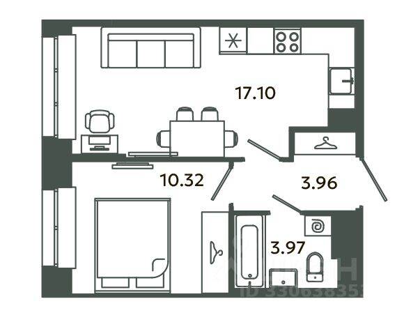 1-комн. квартира, 35,35 м², в ЖК Загляденье